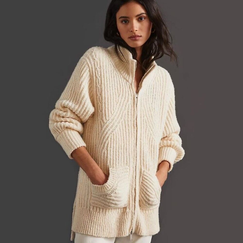 Anthropologie Pilcro cream chunky knit zip-up cardigan sweater size small